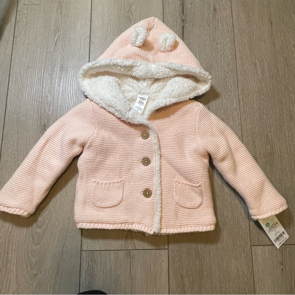 Carter's 12M‎ Baby Girl Pink Knit Sherpa Lined Hooded Cardigan Jacket Bear Ears - Picture 3 of 8